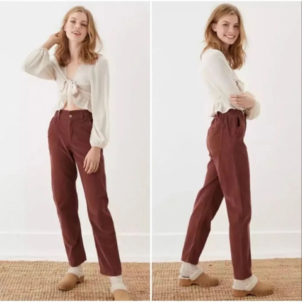 American Eagle Baggy Mom Pant Corduroy High Rise Brown/Red Size 0 Raw Hem Fall
